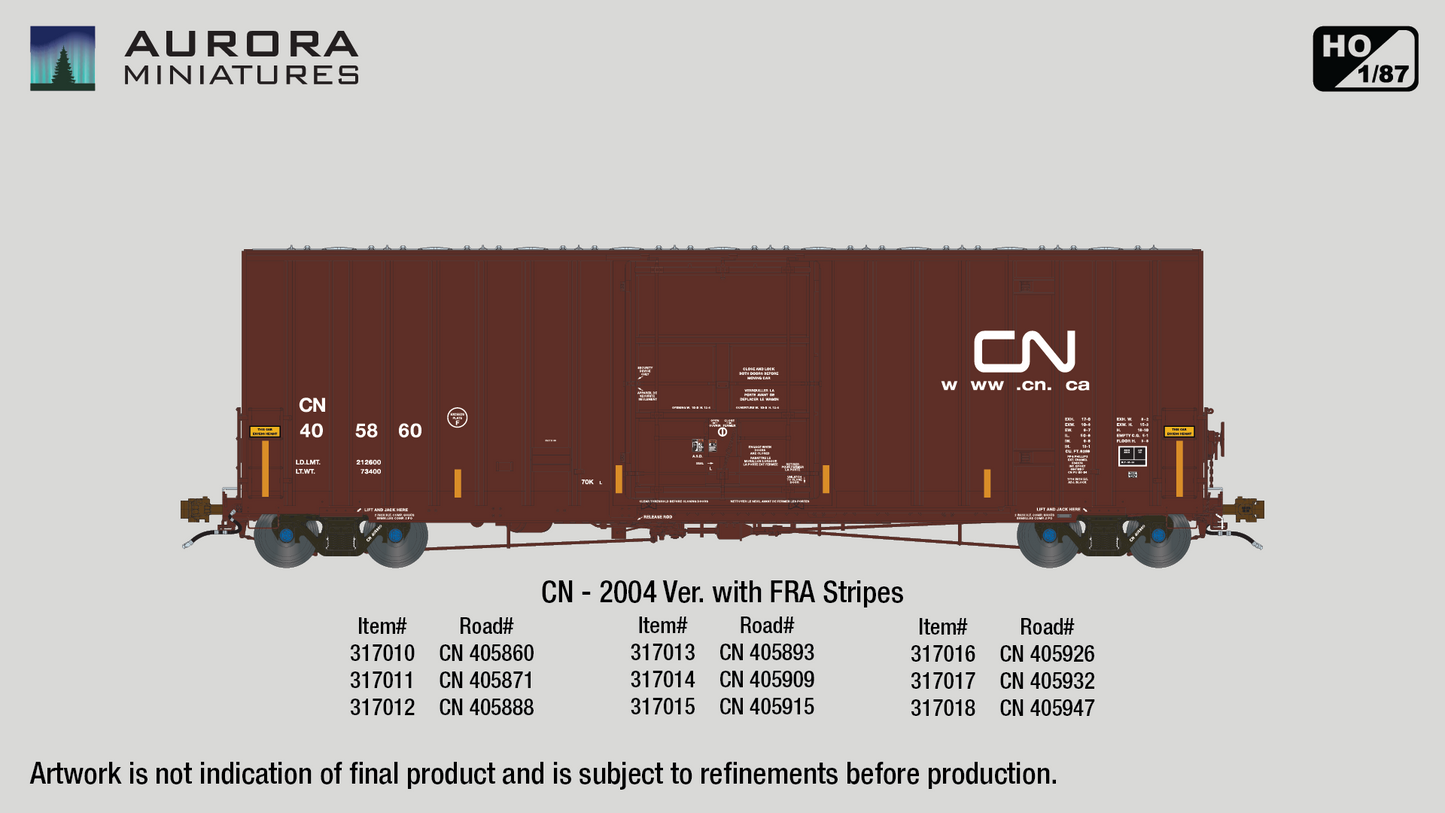 HO Scale Transcona Shops 50' Plate F Boxcar 1st Run - CN 2004 Version w/ Stripes