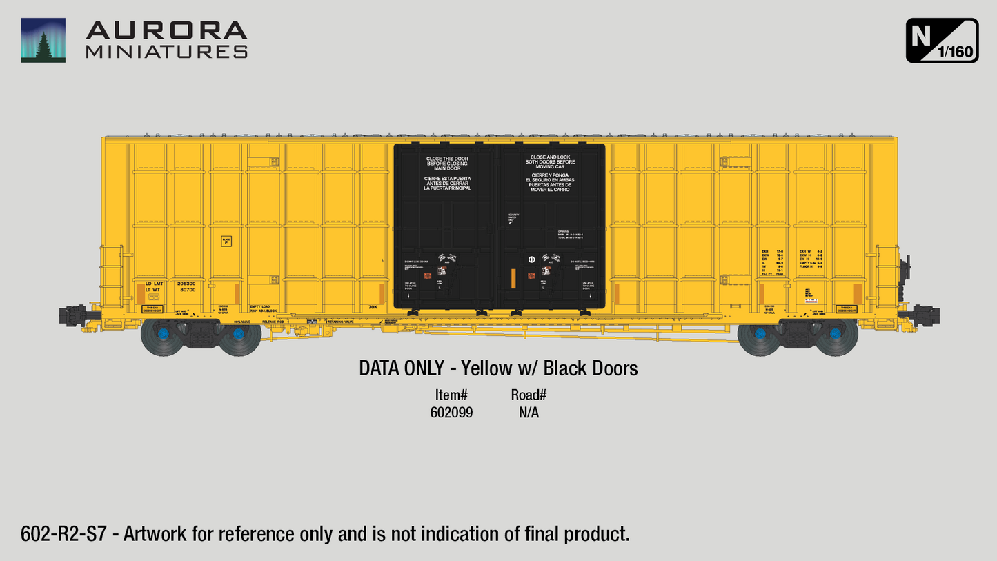 N Scale Greenbrier 7550 cf 60’ Plate F Boxcar (2nd Run) - DATA ONLY Yellow w/ Black Doors